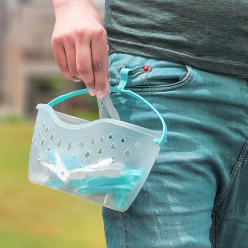 Flatro 36 Pegs for Washing Line with Hanging Basket | Heavy Duty Clothes Pegs Basket with Drainage Holes | Plastic Washing Pegs Basket for Rotary Line with a Hook on the Handle - Image 5
