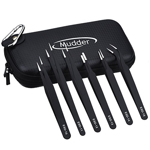 image for Mudder 6 Pieces Nail Art Tweezers Anti-static ESD Tweezers Kit Stainle