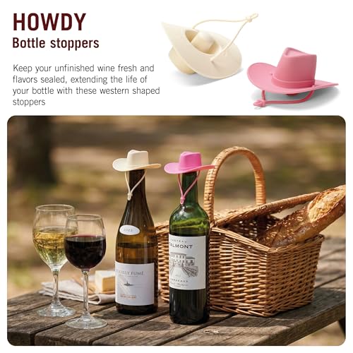 Image of Monkey Business Howdy - 2-Pack Cowboy Hat Wine Stoppers - Fun Silicone Bottle Stoppers Keep Wine Fresh - Novelty Kitchen Gadgets & Cute Wine Accessories (Pink & White)