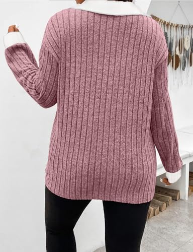 Image of Koscacy Women Plus Size Casual Knit Sweater Lapel V Neck Solid Color Tops Lightweight Long Sleeve Blouses