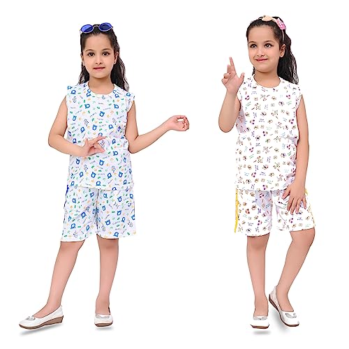 Image of SK Wardrobe Girls T-Shirt & Shorts Night Suit Set | Kids Cotton Sleepwear | Soft & Breathable Summer Nightwear | Comfortable Home Wear & Lounge Dress for Girls | Pack of 2