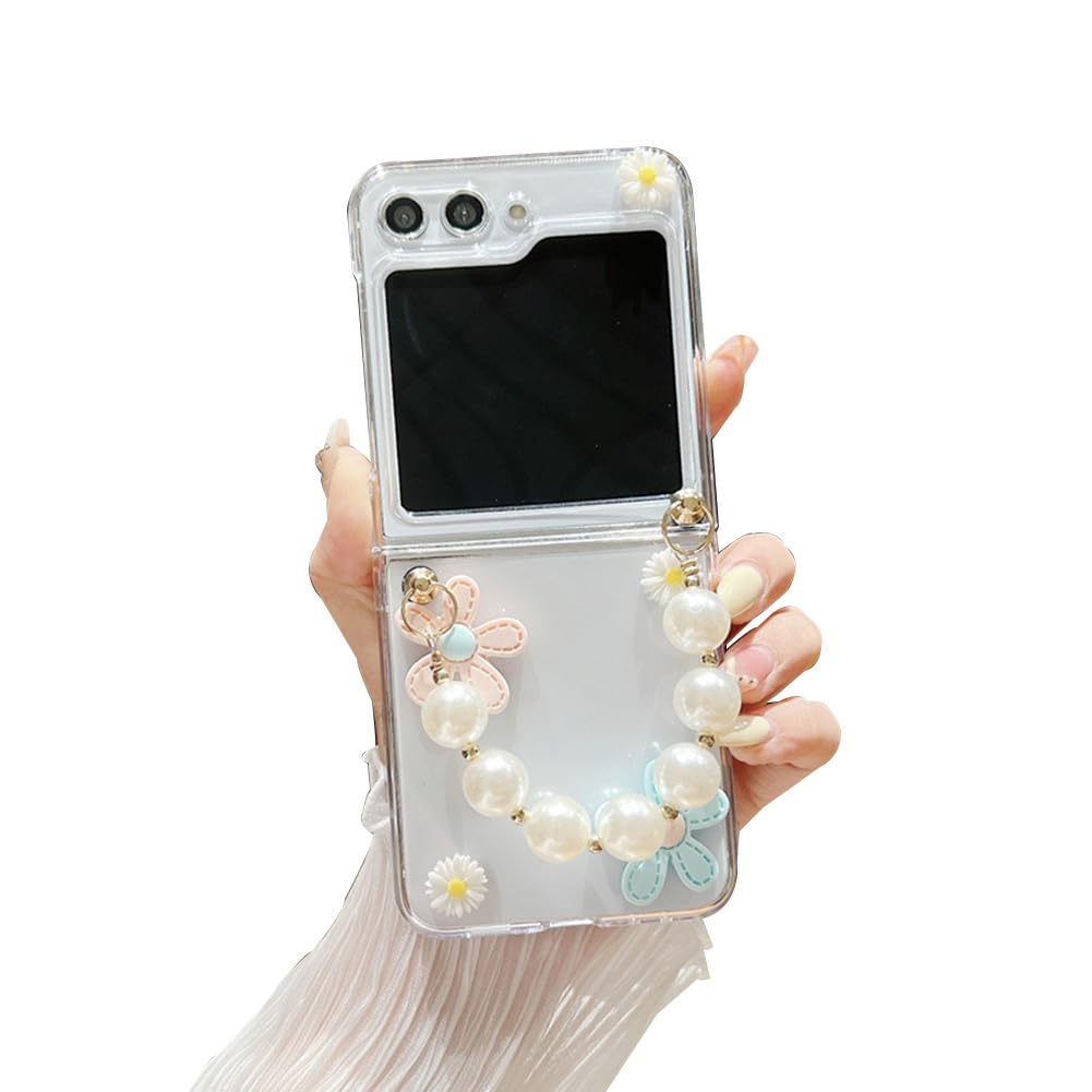 GO-VOLMON for Samsung Galaxy Z Flip 5 Woman Case Cute Flower Pearl Strap, Lovely Wristband Phone Case for Galaxy Z Flip 5 Girly Design Pink Flower, Clear Case for Z Flip 5 Hard PC