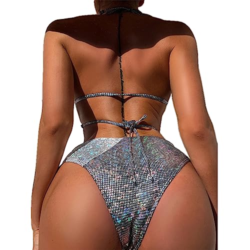 Women's 2 Piece Holographic Metallic Bikini Set Sexy Backless Cross Wrap Swimsuit High Waisted Bathing Suit2