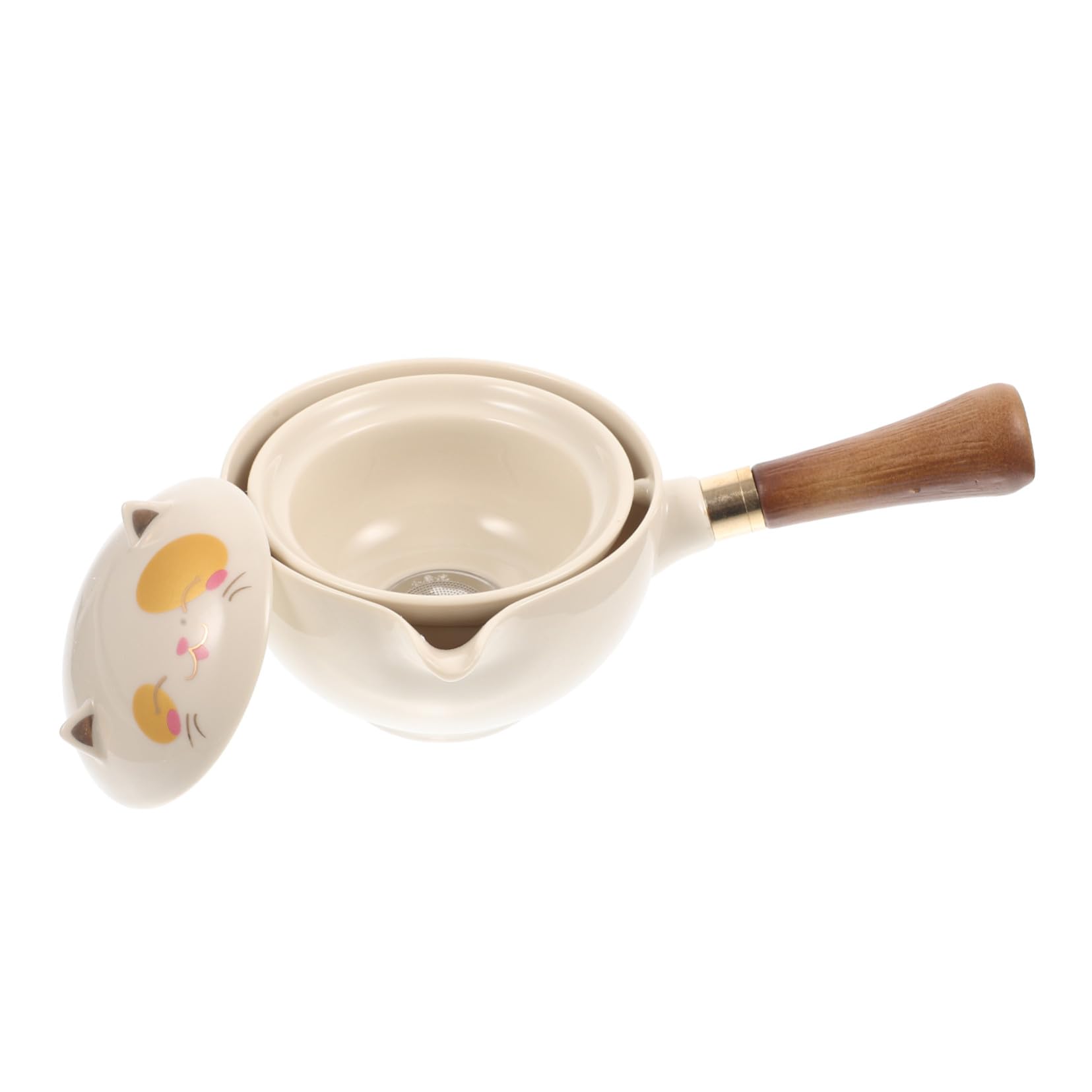 Teiera Tradizionale Cinese in Ceramica Resistente al Calore con Manico Laterale e Filtro Integrato Rotante per Infusione Kung Fu Design Elegante con Motivo Gatto della Fortuna