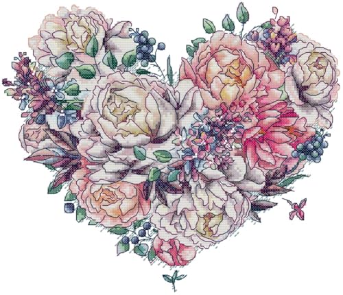 Awesocrafts Kit de punto de cruz con estampado de flores en forma de corazón, patrones fáciles, bordado de punto de cruz, suministros de costura