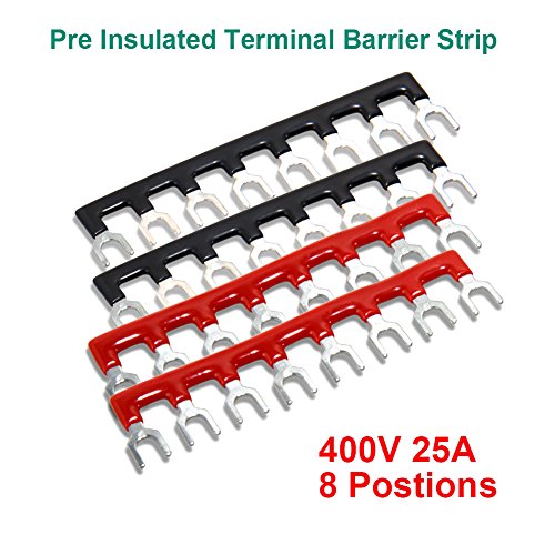 Image of 8pcs (4 Sets) 8 Positions Dual Row 600V 25A Screw Terminal Strip Blocks with Cover + 400V 25A 8 Positions Pre-Insulated Terminals Barrier Strip (Black & Red) by MILAPEAK