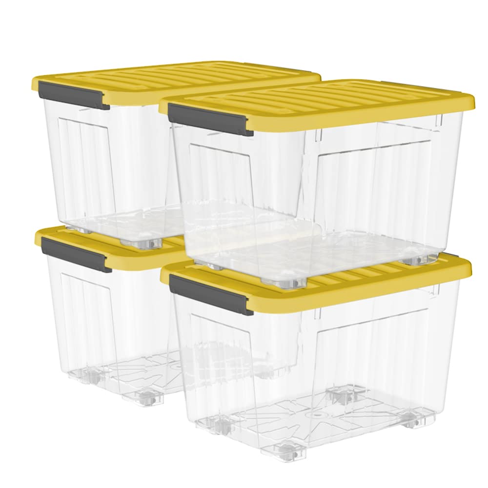 Cetomo 80L*4 Cajas de Almacenamiento con Tapas, Contenedores de Plástico con Ruedas, Clip On, Apilables, Encajables, Organizador Rayado para Oficina en Casa, Amarillo & Claro, 80L-4 Pack