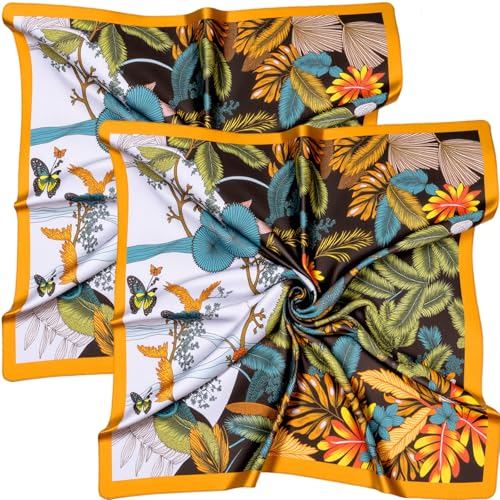 SATINIOR 35 Inch Silky Head Scarf 2 Pcs Large Square Neck Scarf Sleeping Hair Wrapping Satin Bandana for Women(Bronze,Bright Style)