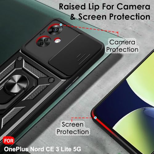 Image of TheGiftKart Tough Armor Bumper Back Cover Case for OnePlus Nord CE 3 Lite 5G | Ring Holder & Kickstand in-Built | 360 Degree Protection Back Cover Case (PC & TPU, Sliding Camera Cover, Black)