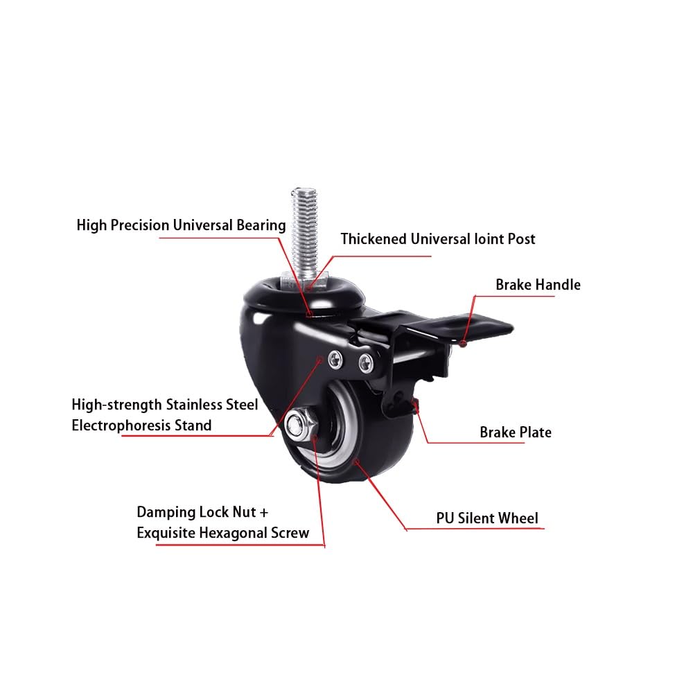Pesanti PU Ruote in Gomma 4 Pezzi, 4 Pollice Ruote Pivottanti con Freni, M12 Stelo Filettato Ruote per Carrelli, Scaffali(with Brake)