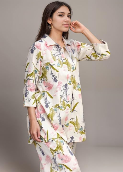 Shienzy Stylish Printed Cotton Blend Co Ord Set For Women || Casual & Festive Indo-Western Outfit || Kurta Pant Set (1592Shz_Ofwt_Xl) Off White