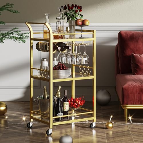 TUTOTAK Bar Cart, Home Bar Serving Cart with 3-Tier Mirrored Shelf, Wine Cart, Mobile Kitchen Shelf, Gold BC01BB034 TUTOTAK Bar Cart, Home Bar Serving Cart with 3-Tier Mirrored Shelf, Wine Cart, Mobile Kitchen Shelf, Gold BC01BB034