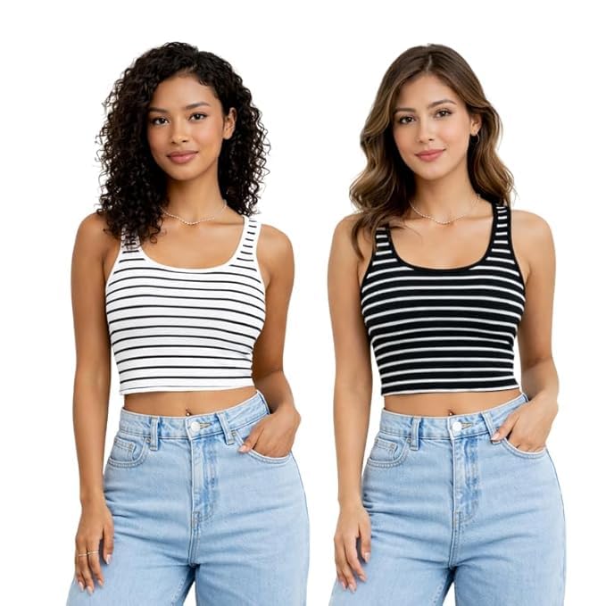 tusi Women's Striped Sleeveless Knit Tank Top, Black and White-picture-4