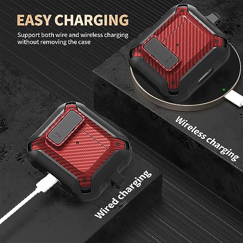 Image of Olytop for Airpods 3rd Gen Case with Lock 2021, Rugged Apple Airpods 3rd Generation Case Men Women, Armor Shockproof iPod 3rd Gen Case Protective Hard Shell with Carabiner&Cleaner kit, Black /Red
