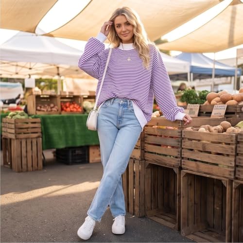 Womens Striped Sweatshirt Mock Neck Oversized Long Sleeve Pullover Tops - image 4