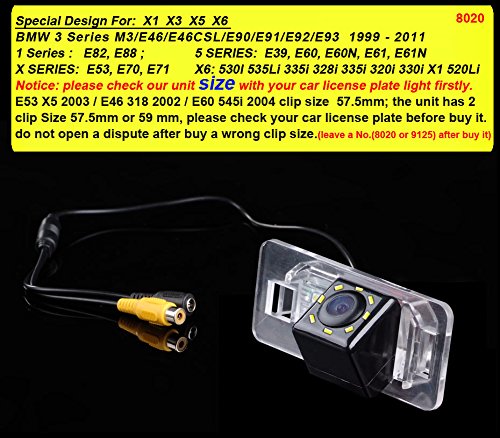 HD 170° Wide Angle License Plate Light Rear View Reversing Camera Compatible with BMW X1 X3 X5 X6/M3/E90/E91/E92/E93/E82/E88/E39/E60/E61/E53/E70/E71/535Li 335i 328i 320i 330i/520Li (NO.9125+8LED) - Image 2