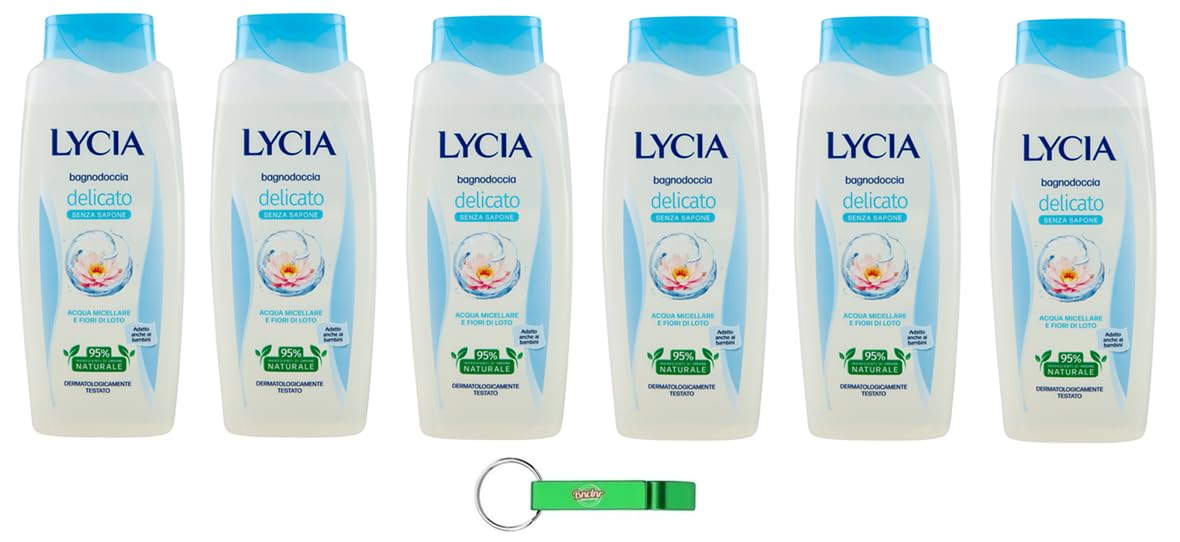 6 X Lycia Bagnodoccia Delicato Acqua Micellare e Fiori di Loto – Gel doccia delicato con acqua micellare e fiori di loto 750 ml + portachiavi Beni Culinari