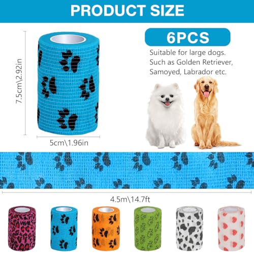 Image of Qpets Self-Adhesive Pet Bandage, Waterproof Anti-Lick Wound Wrap 6 Rolls | Non-Woven Stretchy Material, No Clips Needed, Gentle on Fur, Cute Cartoon Print, 7.5cm x 4.5m per Roll.