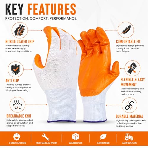 Image of Multipurpose Nylon Anti Cut PU Nitrile Coating Work Safety Gloves, Hand & Fingers, Gardening, Mechanical, Construction, Agriculture & Automotive - Durable & Comfortable (ORNAGEWHITE-5PAIR)