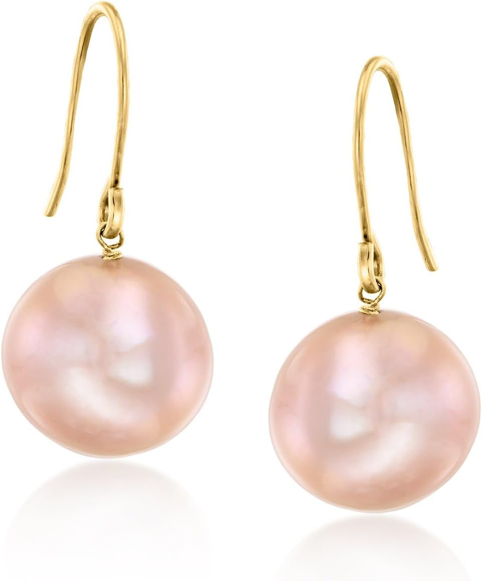 Ross-Simons 11-12mm Pink Cultured Pearl Drop Earrings in 14kt Yellow Gold