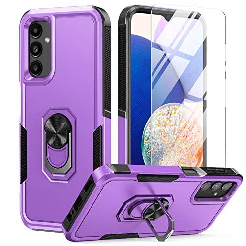 for Samsung Galaxy A14 5G Case: Dual Layer Shockproof Magnetic Kickstand Cell Phone Cover Protective with Rugged Ring Holder & Screen Protector Military Heavy Duty, 6.6 inch, 2023 ( Black Purple )