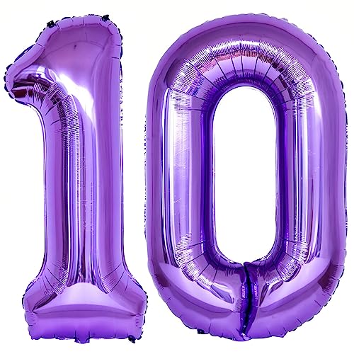 Image of Number 10 Purple Balloons 40 Inch Giant Purple 10 Number Foil Helium Balloons for 10th Purple Birthday Party Supplies 10th Anniversary Events Decorations