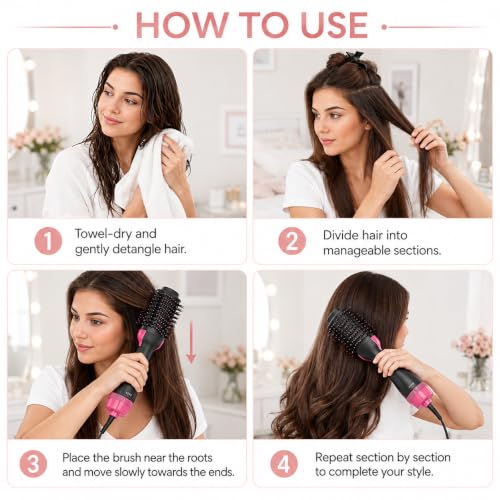 Image of 4 in 1 Hot Air Brush Dryer and Volumizer with Ionic Ceramic Tourmaline Styling for Straightening, Curling, Detangling, Volume, Shine, and All Hair Types