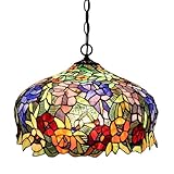 FUMAT Tiffany Pendant Light Rose Flower Stained Glass Hanglamp 16 Inch Wide Shade Chandelier Hanging Lights Fixture 110V Ceiling Pendant Lamp 2PCS LED Bulb Included