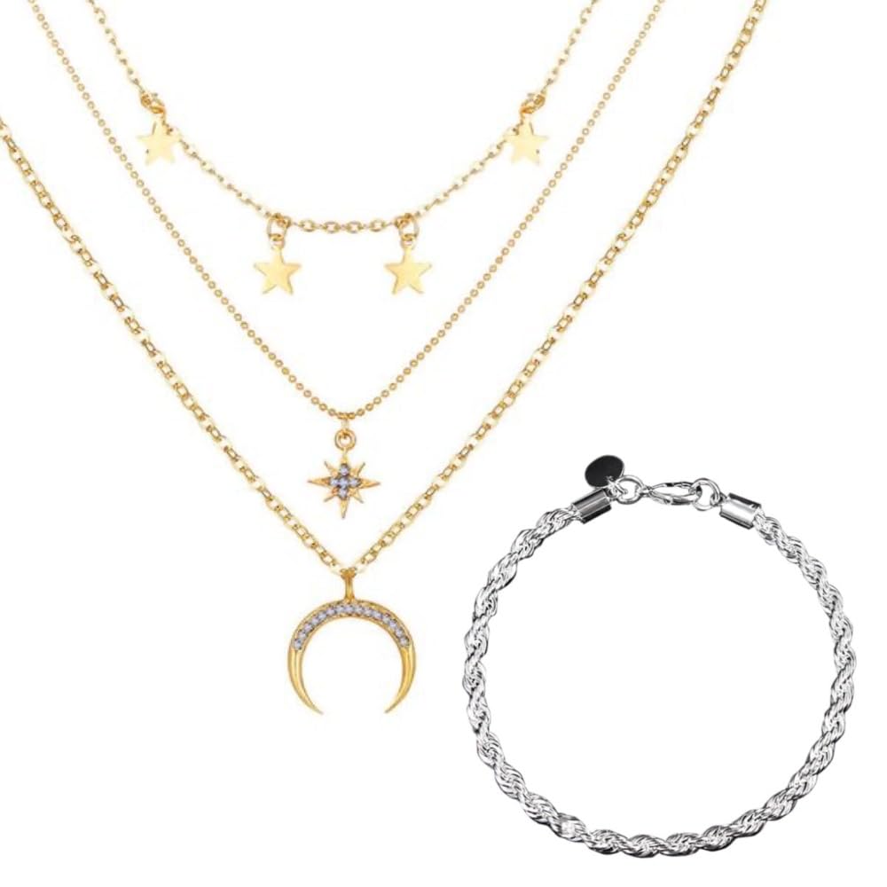 Maverick NicheMaverick 3 Layer Crescent Moon Necklace (Gold) and Twist Chain Bracelet cum Anklet (Silver) Combo; Stylish Fashion Jewelry For Girls n Women For Party N Casual Wear