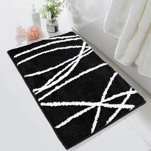 Tititex Luxury Black Curve Line Bathroom Rug, 16x24 inch Classic Extra Soft and Absorbent Microfiber Bath Rugs, Non-Slip Plush Shaggy Bath Carpet, Bath Mats for Bathroom Floor, Tub and Shower