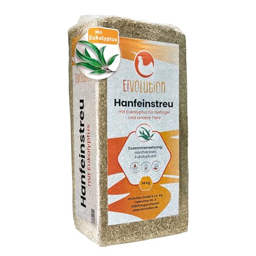 eivolution Hanfeinstreu mit Eukalyptus 14 kg - Staubfrei für Hühner & Pferde - Hochsaugfähig Nachhaltig