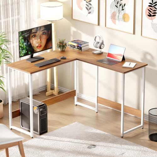 Image of Lukzer L-Shaped Study Table for Home or Office (MST-007 /White & Oak Brown) Metal & Engineered Wood Corner Computer Desk, Laptop & Gaming Station for Students and WFH (110 x 110 x 75 cm) Easy DIY