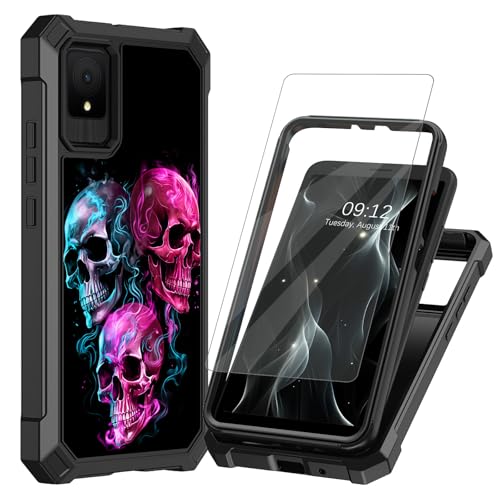 BREIDMKFM for TCL K11 Phone Case,for TCL K11 T432W Phone Case with Screen Protector Dual Layer Hard PC Soft TPU Bumper Shockproof Heavy Duty Phone Cover,Pink Blue Skull