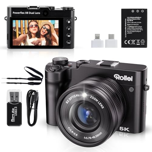 Rollei Powerflex X8 Dual Lens Digitalkamera, 64MP 5K Fotoapparat mit Dual Lens 8X Optischer Zoom Kompaktkamera mit 3,6' Touch Screen Tragbar Fotokamera für Anfänger Schwarz, Digital-Kamera-Fotoapparat
