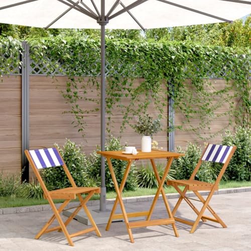 Frdhee Juego de muebles de balcón, salón de jardín, exterior, 3 piezas, tela azul y blanca y madera maciza, muebles de jardín para terraza, interior y exterior, resistente