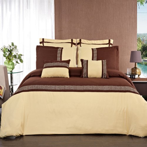 Blancho Bedding Astrid Gold/Chocolate Embroidered 7 Piece Duvet Cover Set King/Calking