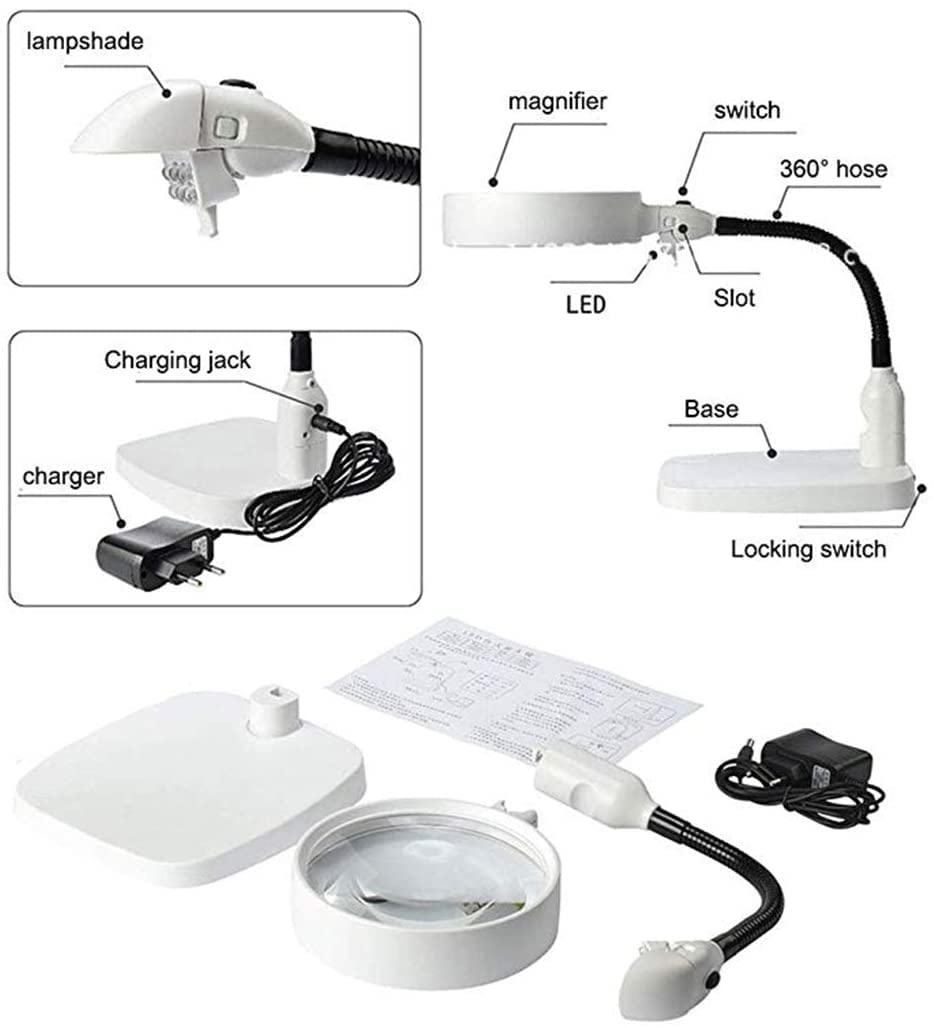 Lámpara de aumento de 10 aumentos con luz, lupa de escritorio manos libres con 6 luces LED y base resistente para leer, reparar, manualidades