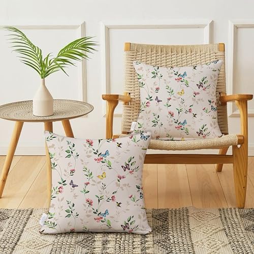 Image of Jaipur Weaves Cushion Cover 16 Inch X 16 Inch - Set of 2, Butterfly Garden 260 GSM Decorative Soft Cushion Covers for Sofa /Bed /Chair, Gift for Home Decor (Cream Garden, 2)