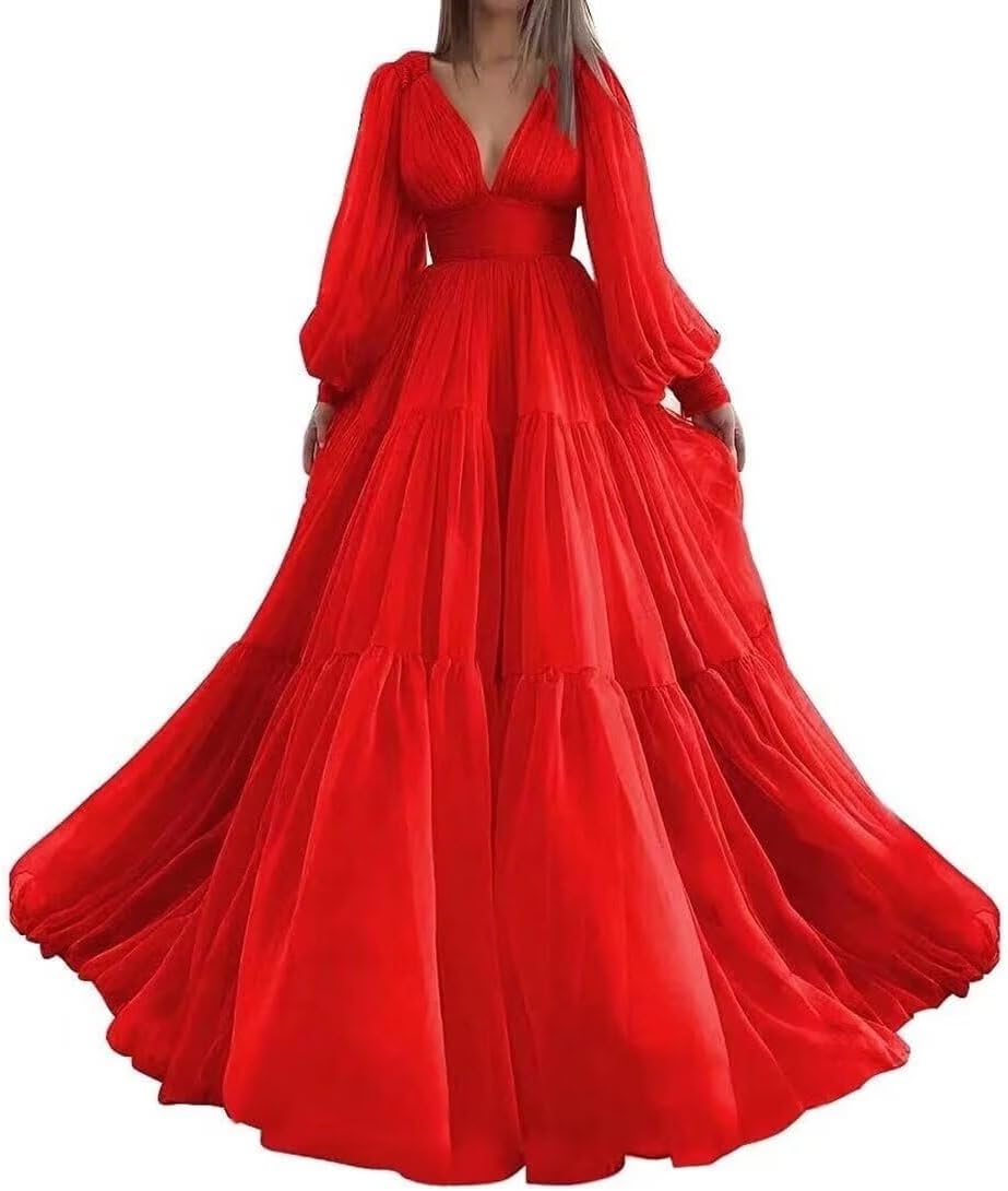 Puffy Long Sleeve Tulle Prom Dresses for Women's 2025 Floor Length A-Line Ball Gowns V-Neck Evening Party Dresses