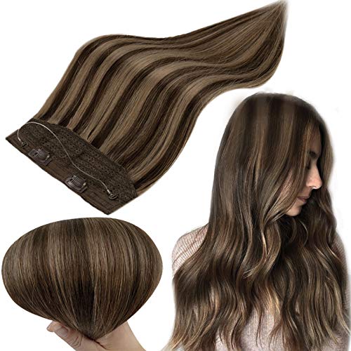 RUNATURE Hidden Crown Extensions 10 Inch Silky Straight Couture Hair Extensions Color 2P8A Darkest Brown with Light Brown 50g Fish Line Extensions Real Human Hair
