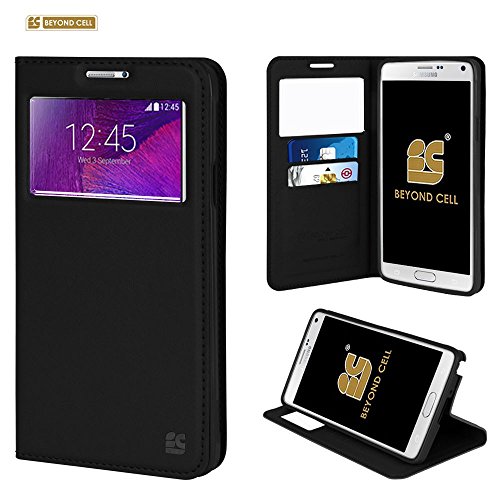 Infolio V For Samsung Galaxy Note 4 PU Leather TPU Case Card Slot Magnetic Close Window View Black With Black Gel