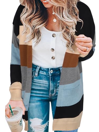 ECOWISH Women Cardigan Sweaters Long Floral Striped Winter Fall Long Sleeve Open Front Cozy Knitted Daisy Fuzzy Coats Outwear