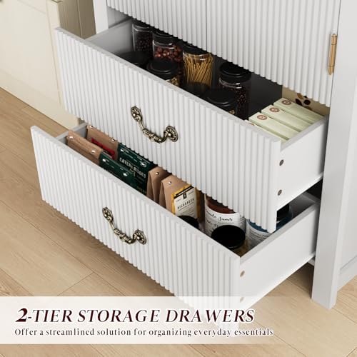 Image of FURSUN 71 inch Arched Storage Cabinet with Fluted Doors, Tall Wood Pantry Cabinet with Drawers & Adjustable Shelves, Modern Coffee Bar Cabinet, White