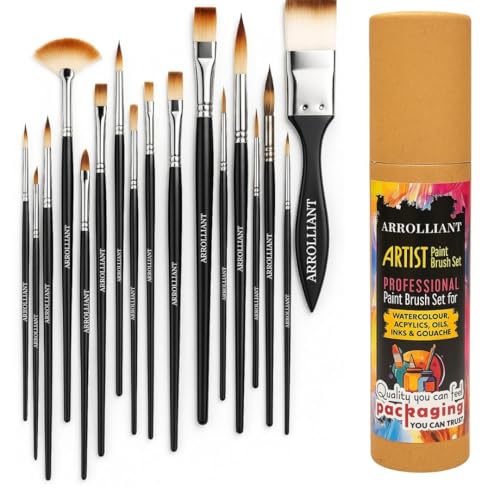 ARROLLIANT Artist Paint Brush Set – 15 Brushes + 1 Free Mop Brush – for Acrylic, Watercolour, Gouache – Synthetic Bristles with Wooden Handles & Brush Holder (Multisize, Set of 16)