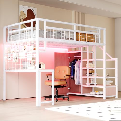 Merax Lit Mezzanine 140x200 cm en métal, avec Armoire et Bureau, Multifonctionnel Lit Enfant avec échelle de Rangement, Blanc (sans Matelas)