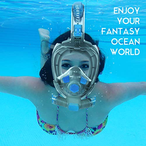 Full Face Snorkeling Mask, Foldable Scuba Diving Swimming Underwater Easy Breath Snorkel Mask with 100% Anti-Fog Dry Top Set/Support Add Mini Oxygen Tank for Youth & Adults Blue