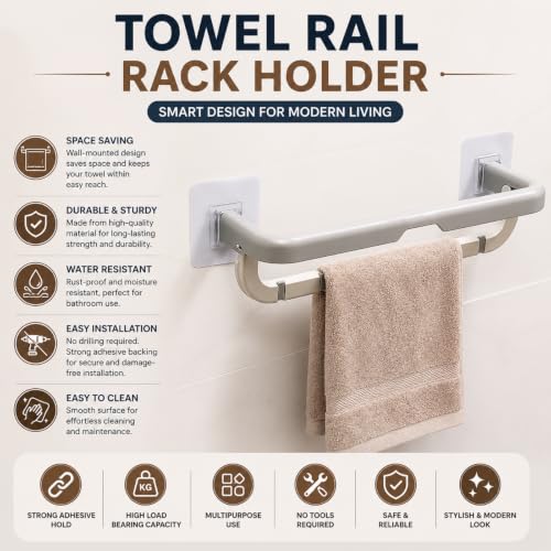 Image of Self Adhesive Towel Bar for Bathroom | No Drill, Wall Mounted, Heavy Duty Waterproof, Rustproof Space Saving