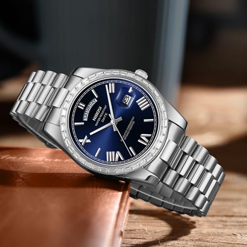 Image of NIBOSI Watches for Men Analog Quartz Diamond Bezel Stainless Steel Dial Rose Gold Silver Mens Watch Waterproof Business Classic Dress Wrist Watch with Day Date