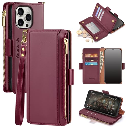Antsturdy Compatible with iPhone 15 Pro Wallet Case Card Holder?RFID Blocking? PU Leather Phone Case Women Men flip Protective Cover Wrist Strap Zipper Credit Card Slots,for Apple 15 Pro,Wine Red
