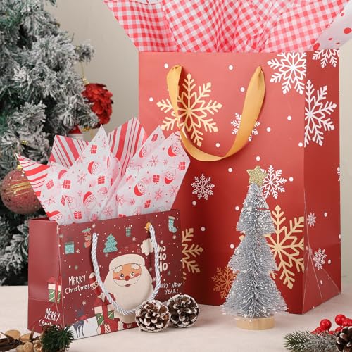 woric 120 Sheets Red Christmas Tissue Paper for Gift Bags Glitter Checkered Striped Polka Dot Santa Elk Tissue Paper Bulk for Christmas Gift Wrapping Wine Bottles DIY Art Crafts, 20 X 14 Inch